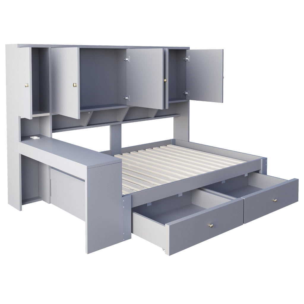 Letto con cassetti 90 × 200 cm con scrivania integrata armadi ripiani LED prese elettriche in MDF grigio