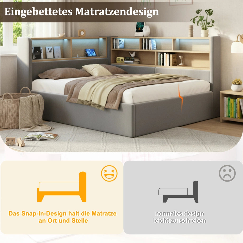Letto con contenitore idraulico LED USB e USB-C in velluto grigio