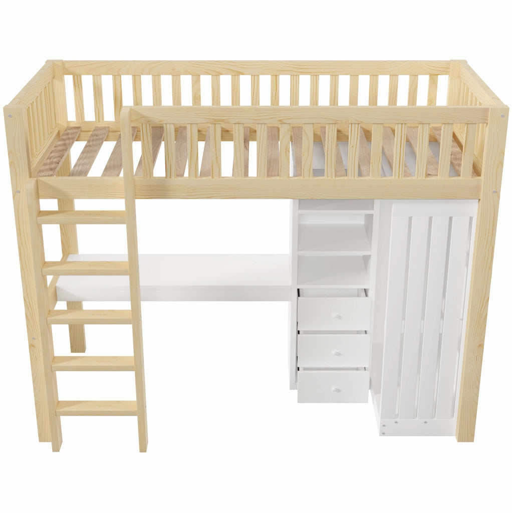 Letto a soppalco in legno di pino 90x200 cm con scrivania, armadio, 3 cassetti, scala e sponde, colore naturale