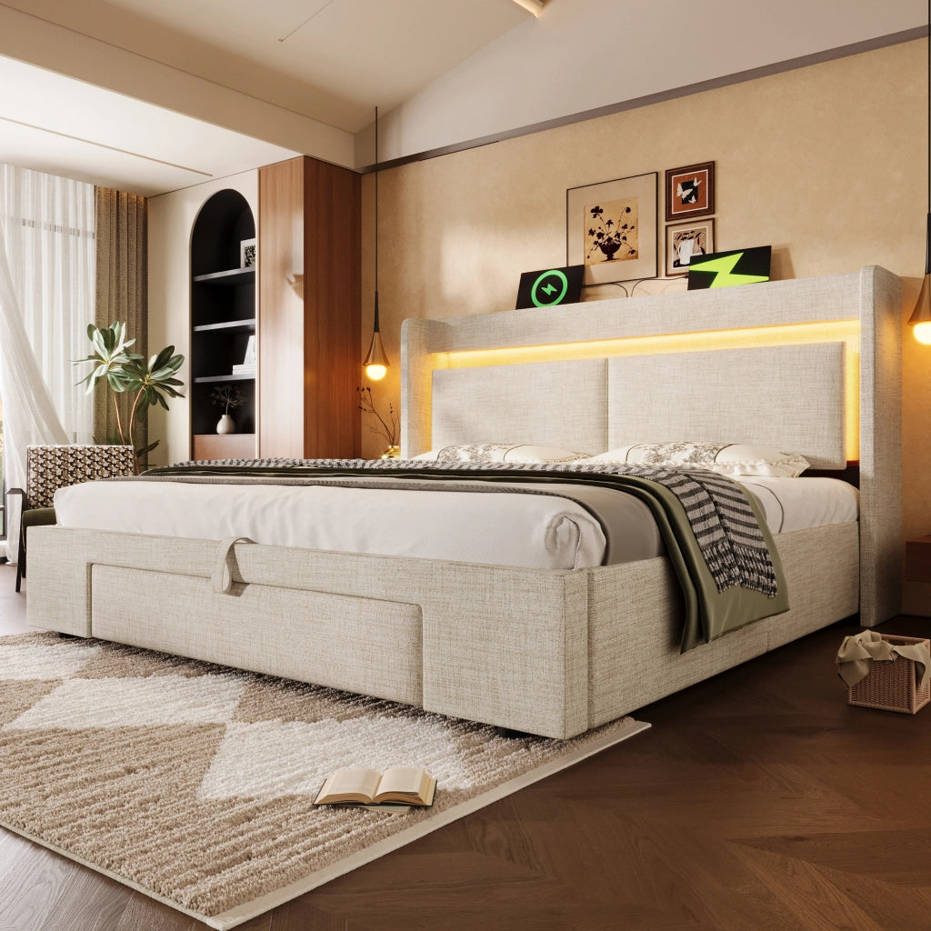 Letto contenitore 180 × 200 cm con testiera portaoggetti LED USB e USB-C in lino beige