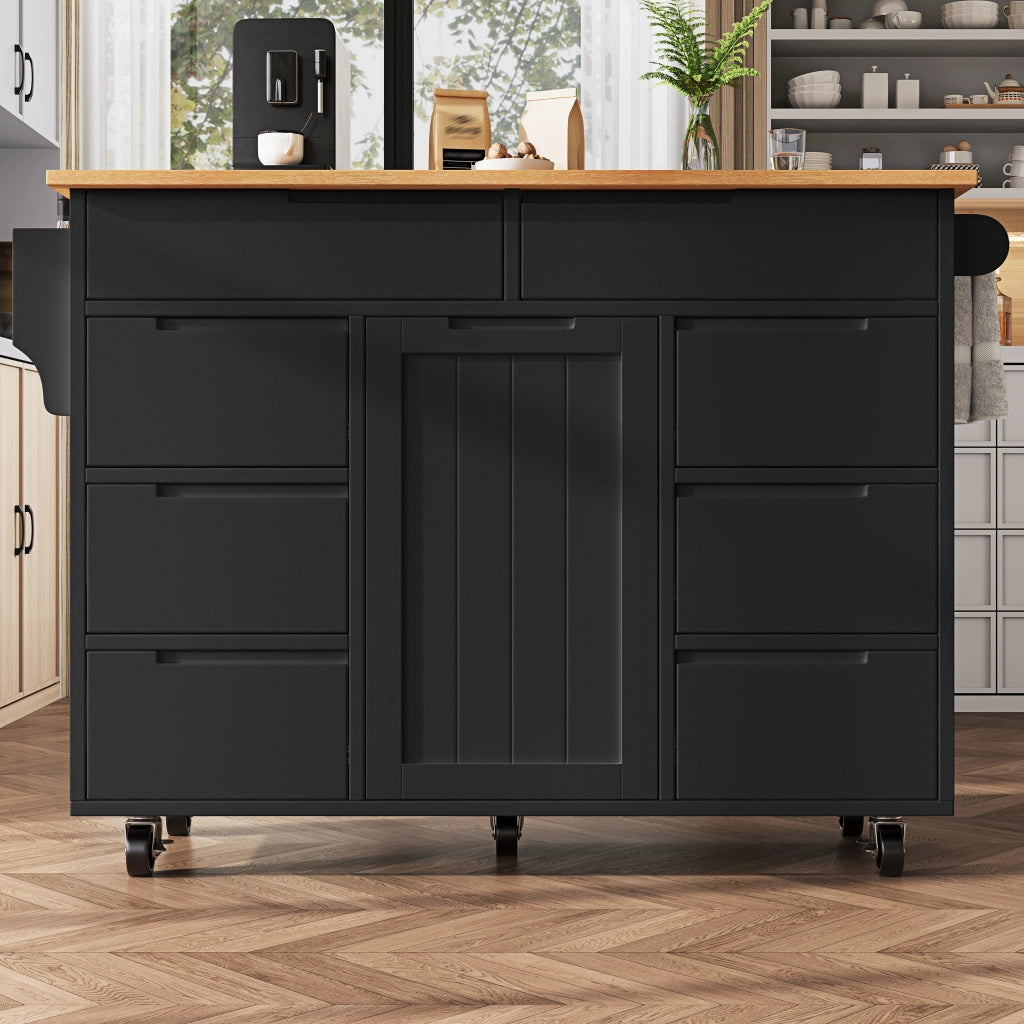 Carrello da cucina con piano ribaltabile 8 cassetti e ruote bloccabili in MDF nero 122 × 46 × 91.5 cm