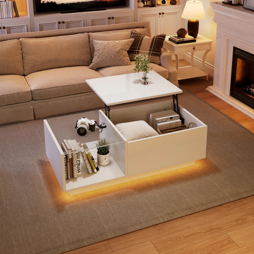 Tavolino da salotto sollevabile con LED smart; 100x50x33 cm; bianco lucido in truciolare