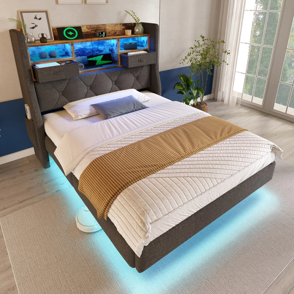 Letto singolo 90 × 200 cm 1 posto con LED regolabile; testiera contenitore; 3 USB e Type-C; senza materasso; grigio