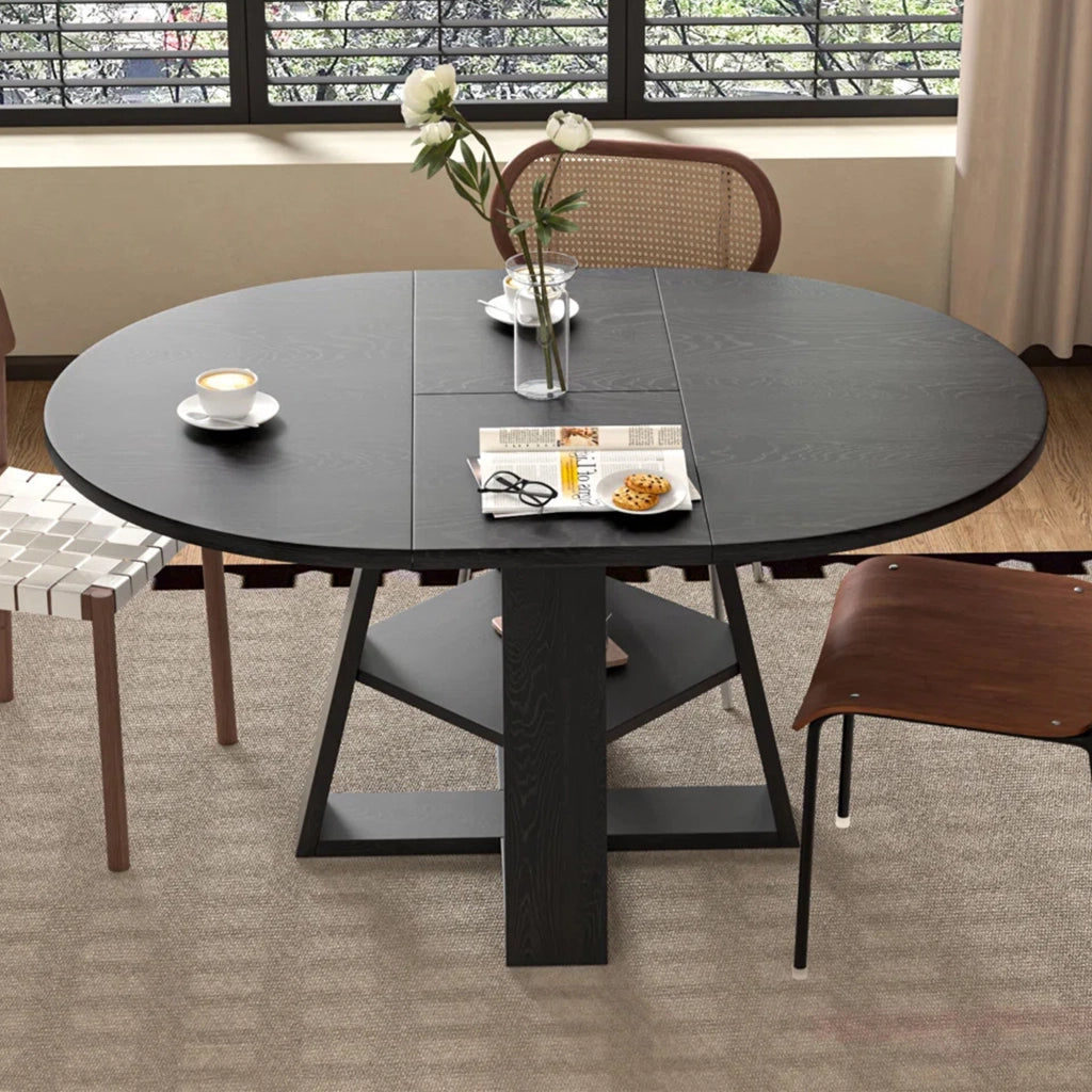 Tavolo da Pranzo Rotondo/Ovale Allungabile Ø110/150x110 cm con Ripiano LEMONMAX; 4-6 Posti; Allunga Integrata; Effetto Legno Nero