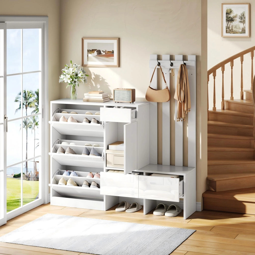 Set di mobili da ingresso con scarpiera a ribalta; panca e appendiabiti in MDF bianco 160 × 35 × 160 cm