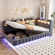 Divano letto imbottito 90x200 cm con vano idraulico; LED; prese USB e Type-C; mensole in legno; velluto grigio