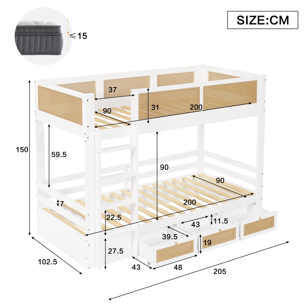 Letto a castello per bambini in pino e MDF; 90x200 cm; con 3 cassetti su ruote e rattan; bianco e naturale