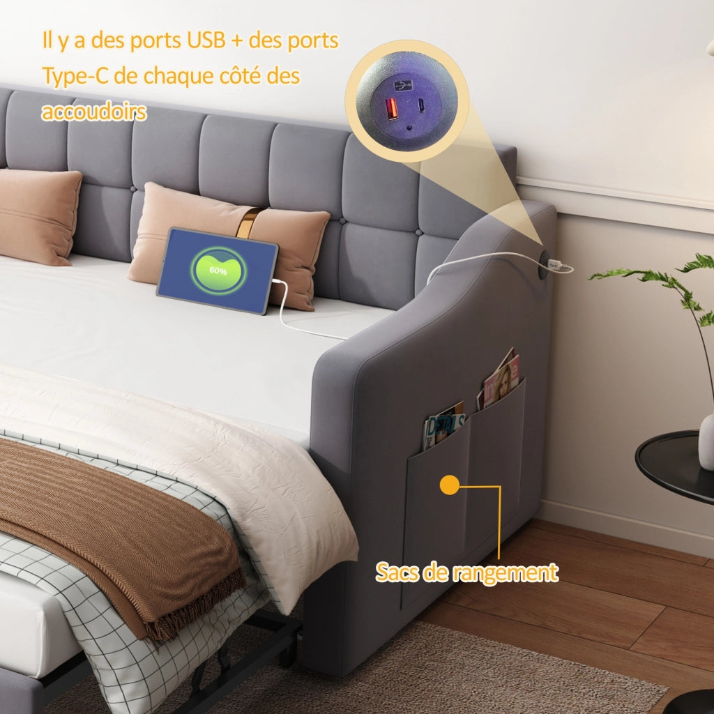 Letto divano estraibile 90×190 e 180×190 cm; 2 posti con porte USB sui braccioli; senza materasso; velluto grigio