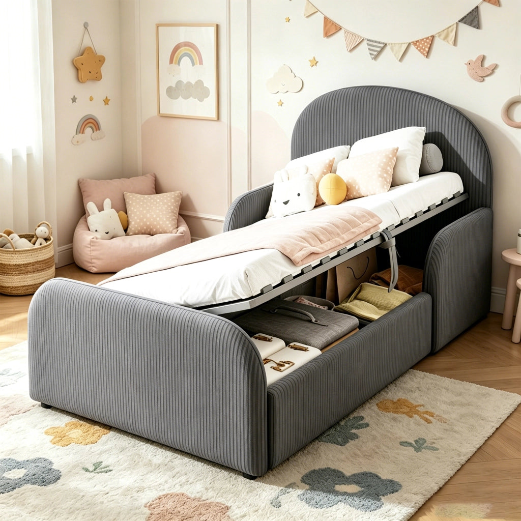 Letto Singolo Imbottito 90x200 cm con Contenitore Idraulico; Testiera Alta e Sponde di Sicurezza; Struttura in Velluto Grigio per Cameretta