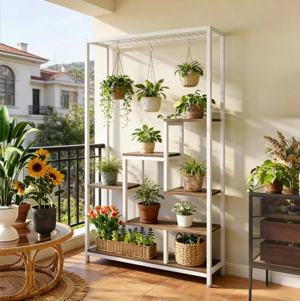 YEAVIO Scaffale per Piante a 5 Livelli con Telaio in Metallo e Ripiani in Truciolato, Porta Piante Interno, Scaffale per Libri e Decorazioni