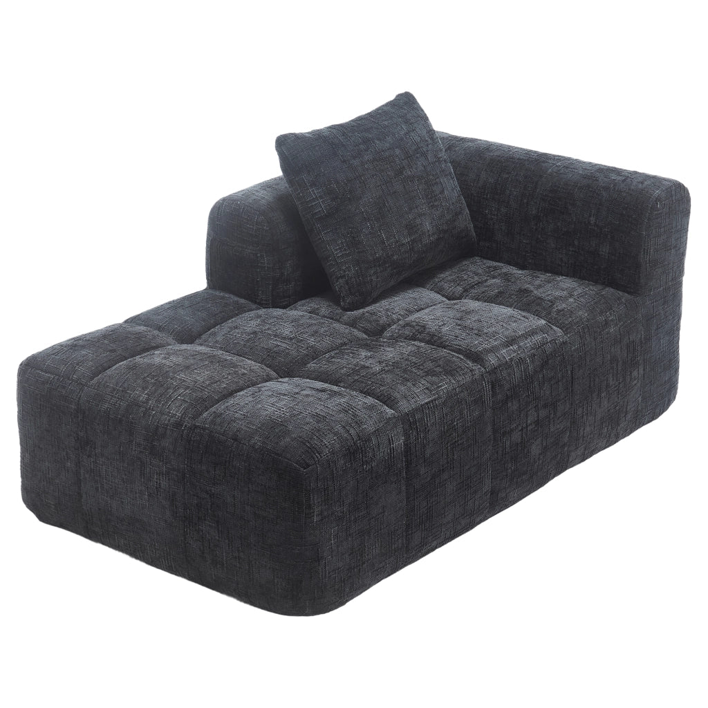 Divano chaise longue 158x90x60 cm in ciniglia nera con tasche laterali e cuscino