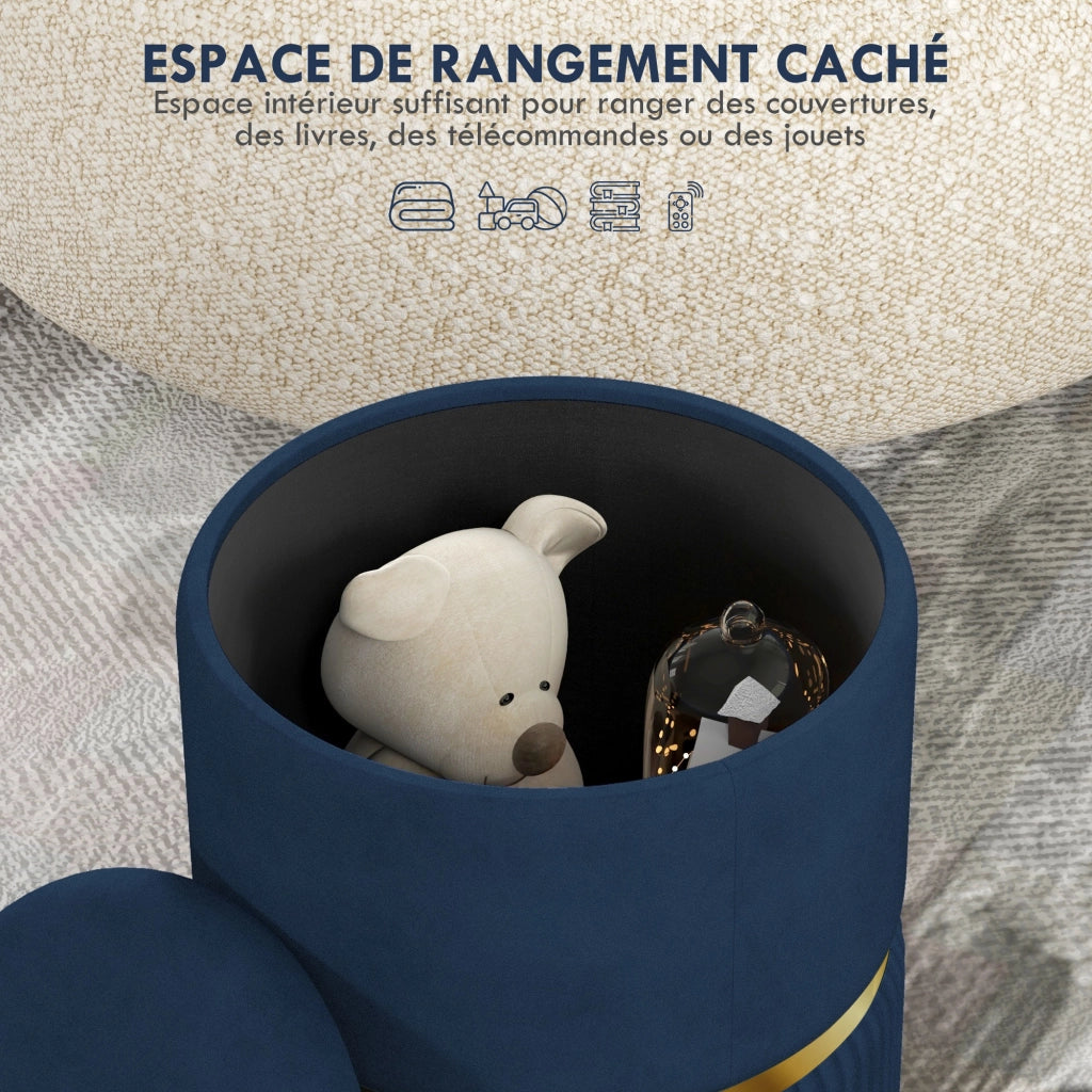 Pouf Contenitore Poggiapiedi Rotondo in Velluto a Coste 36 x 36 x 44 cm Sgabello Salvaspazio per Salotto e Camera Blu