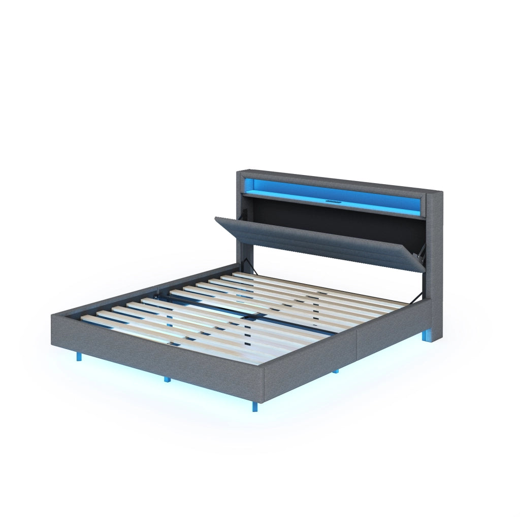 Letto imbottito 140x200 cm con LED, USB e testiera contenitore