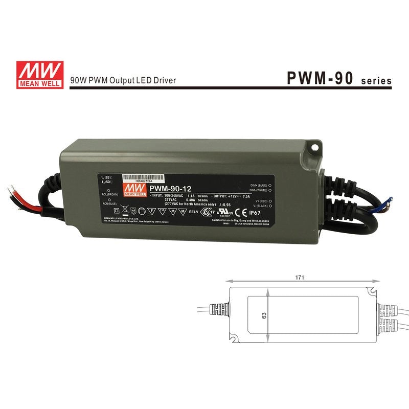 Alimentatore Led MW MEAN WELL PWM-90-12 Dimmerabile 90W 12V IP67 Dimming 3 in 1 0-10V 10V PWM Resistance