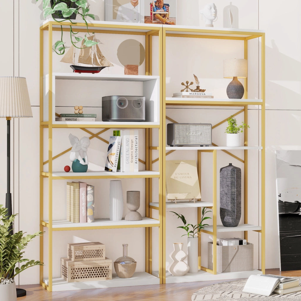 Scaffalatura a ripiani aperti con struttura in metallo e MDF bianco oro per soggiorno 160 × 29.5 × 180 cm