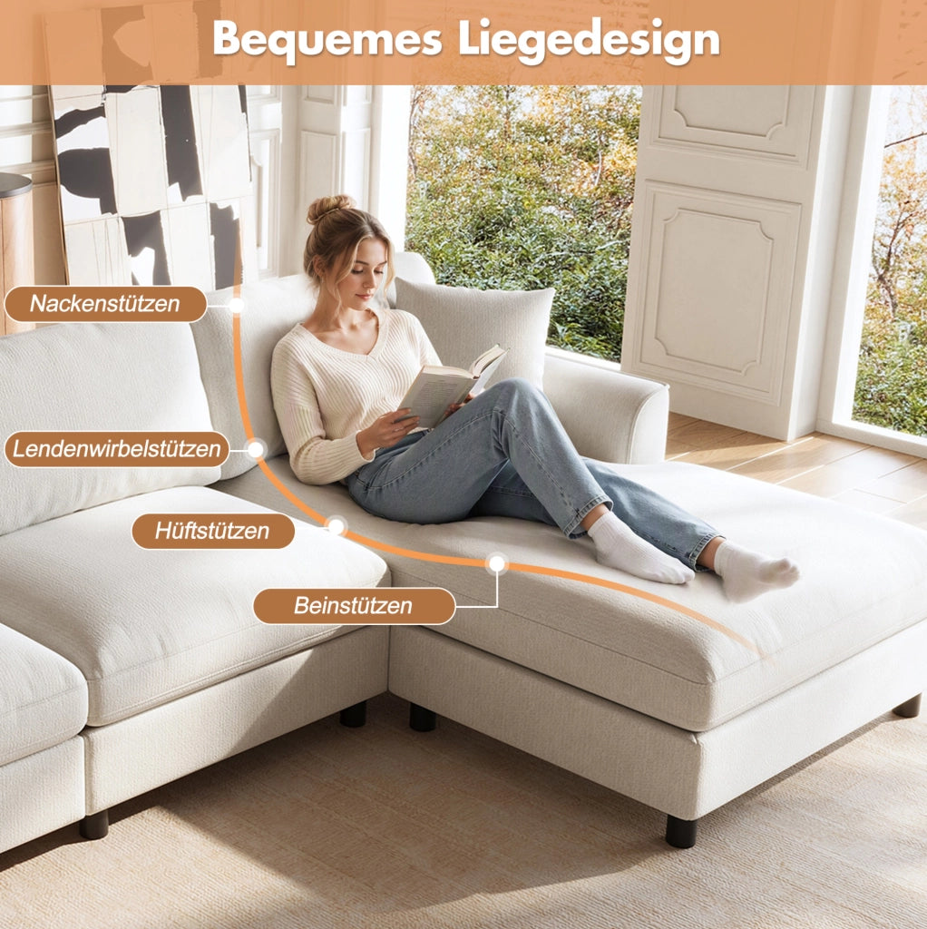 Divano angolare modulare beige in chenille con letto largo 90 cm e struttura in legno e metallo, 256×137×79 cm