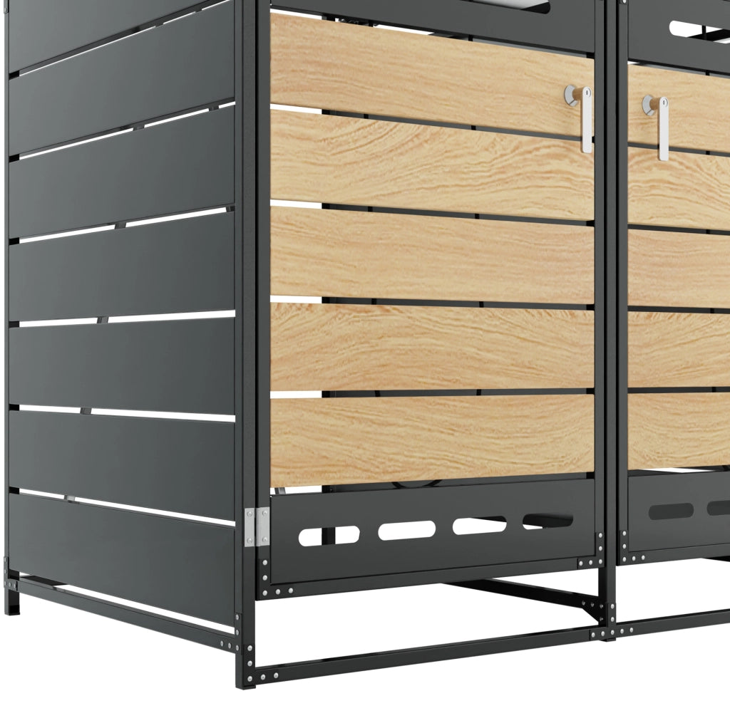 Cassonetto porta bidoni 2 scomparti in ferro con rivestimento effetto legno e coperchio idraulico, chiusura sicura, ventilazione anti odori