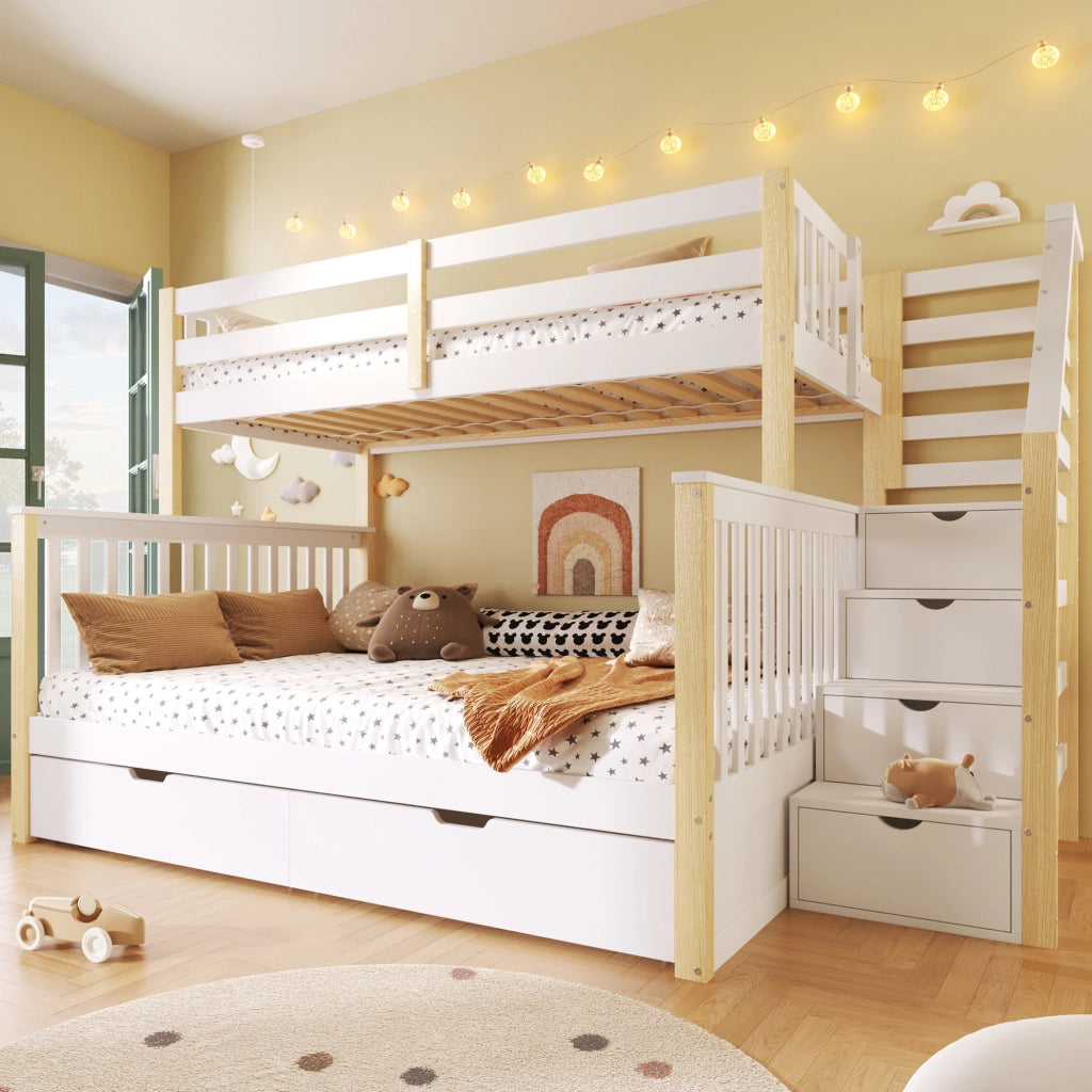 Letto a castello in pino massello 90x200/140x200 con cassetti e spazio salvaspazio, bianco e naturale, senza materasso