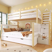 Letto a castello in pino massello 90x200/140x200 con cassetti e spazio salvaspazio, bianco e naturale, senza materasso