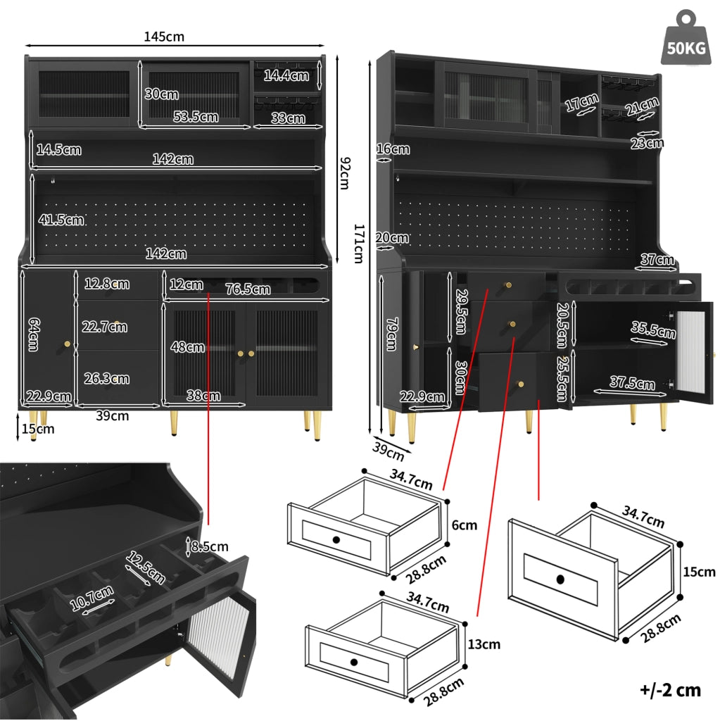 Mobiletto alto con luci LED e scaffali regolabili 145x39x171 cm nero