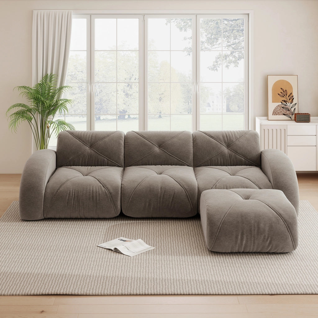 Divano modulare in chenille taupe senza telaio interno con schiuma 32D e configurazione flessibile