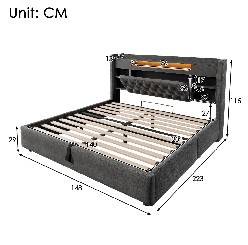 Letto matrimoniale contenitore 140x200 cm in lino grigio con LED; prese USB e USB-C HOMVRA