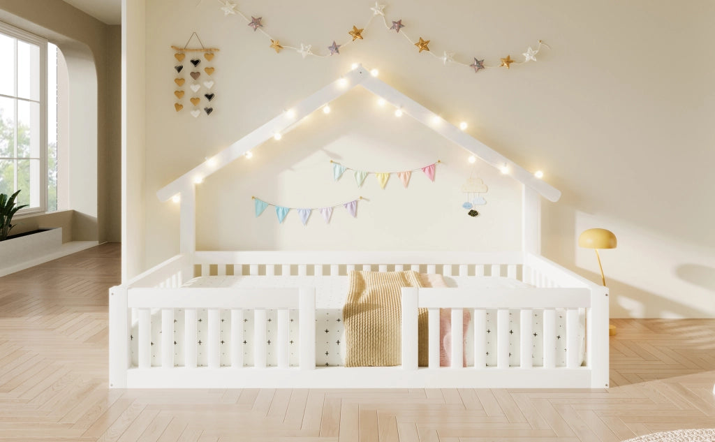 Letto Casetta per Bambini 90x200 cm con Sponde di Sicurezza; LED; Bianco