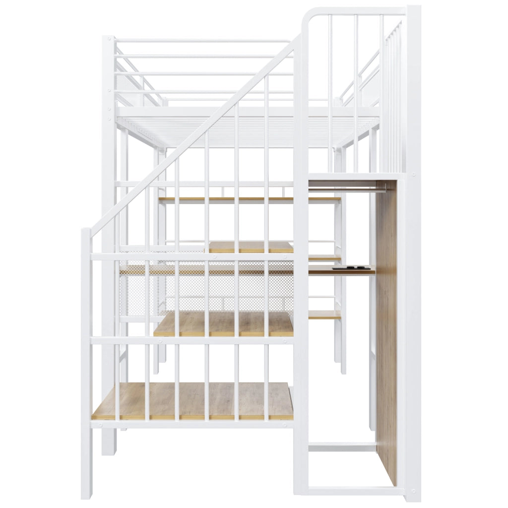 Letto a soppalco 90x200 cm in ferro con luci LED, presa elettrica, mensola e libreria, design multifunzionale, colore bianco