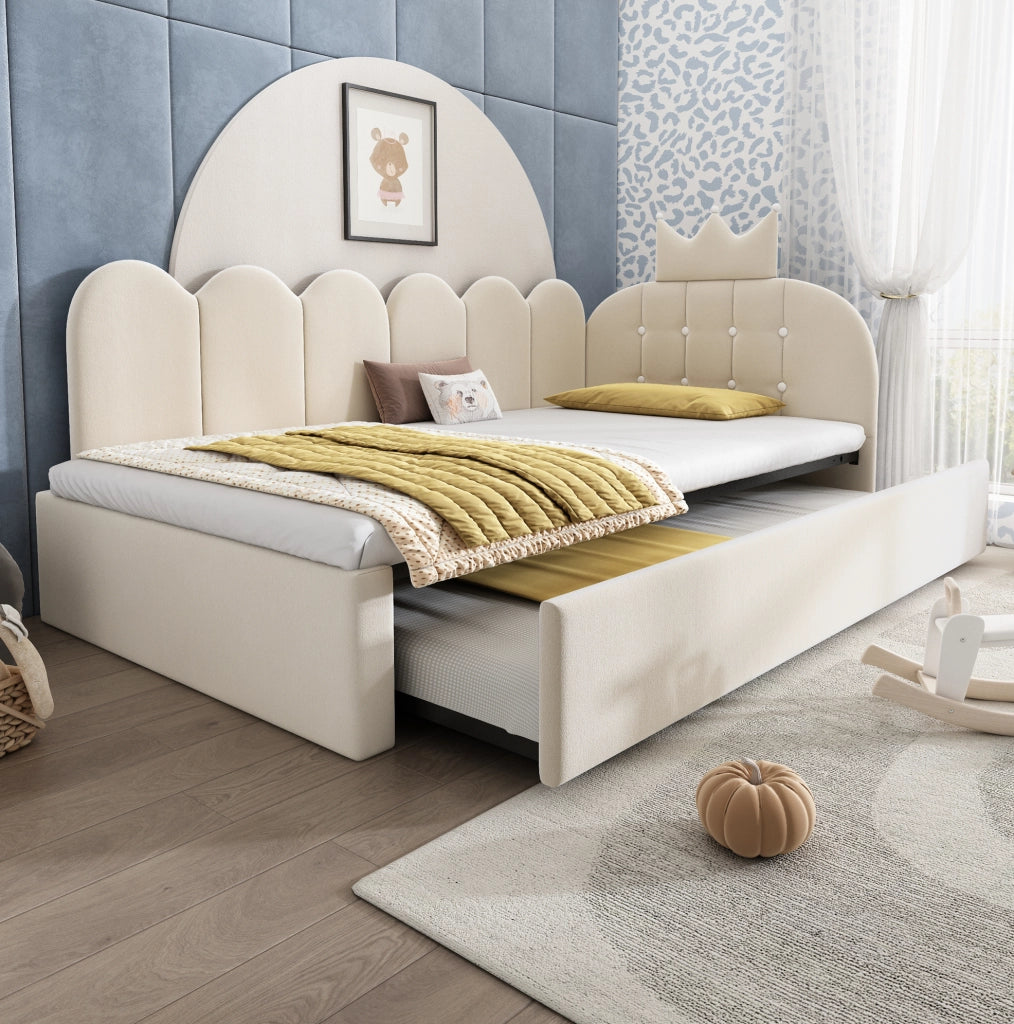 Divano Letto con Letto Estraibile L-Shape 90x200 cm in Velluto Beige per Cameretta e Ospiti