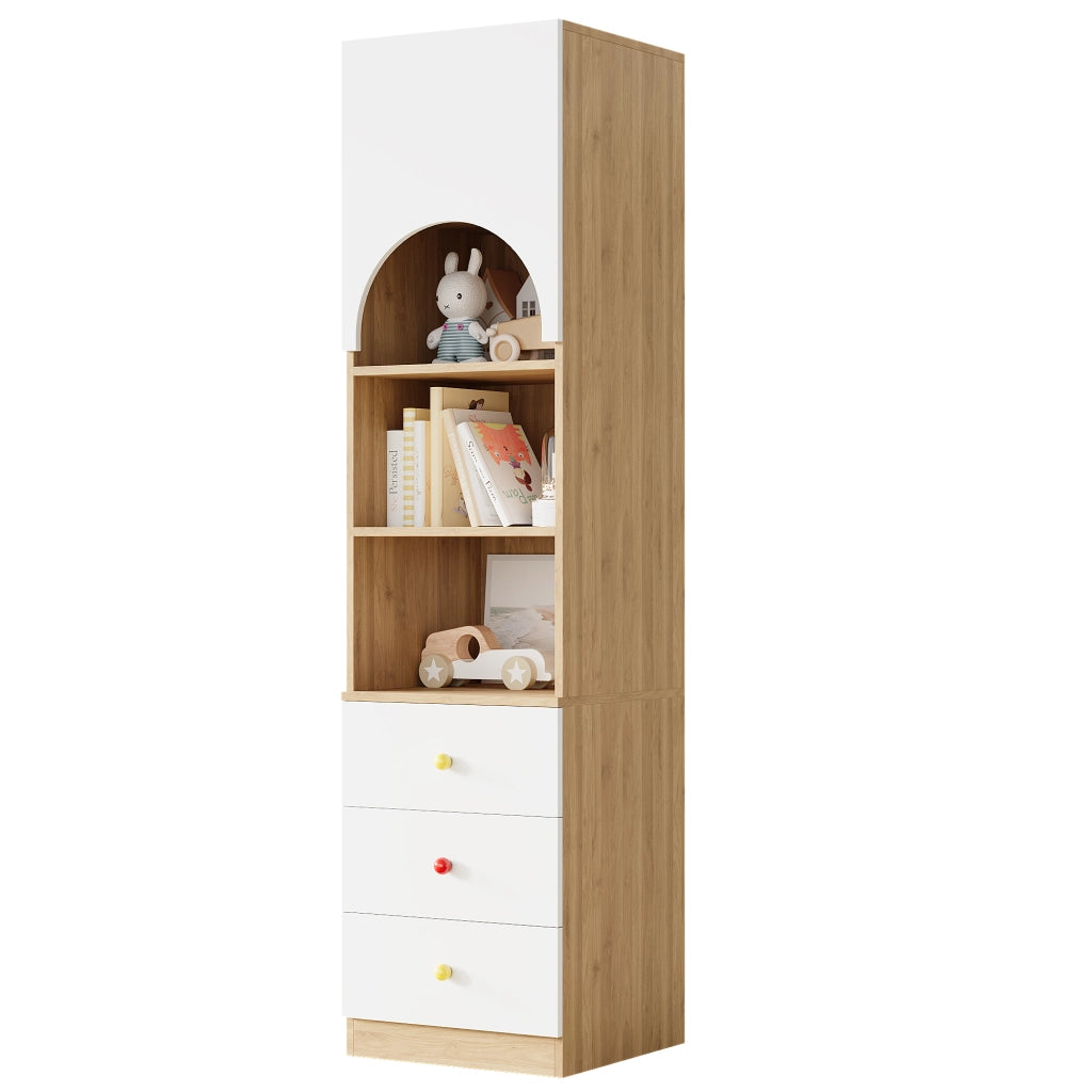 Libreria per cameretta con anta ad arco antipolvere, 3 cassetti e 3 ripiani, MDF bianco e legno, 50 × 50 × 200 cm