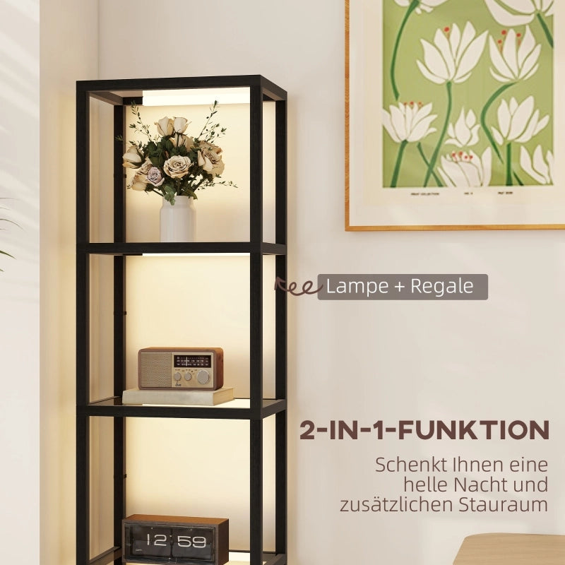 Lampada da terra LED con mensola a 4 livelli, ripiano illuminato con 4 vani in vetro, interruttore a pedale, MDF, nero