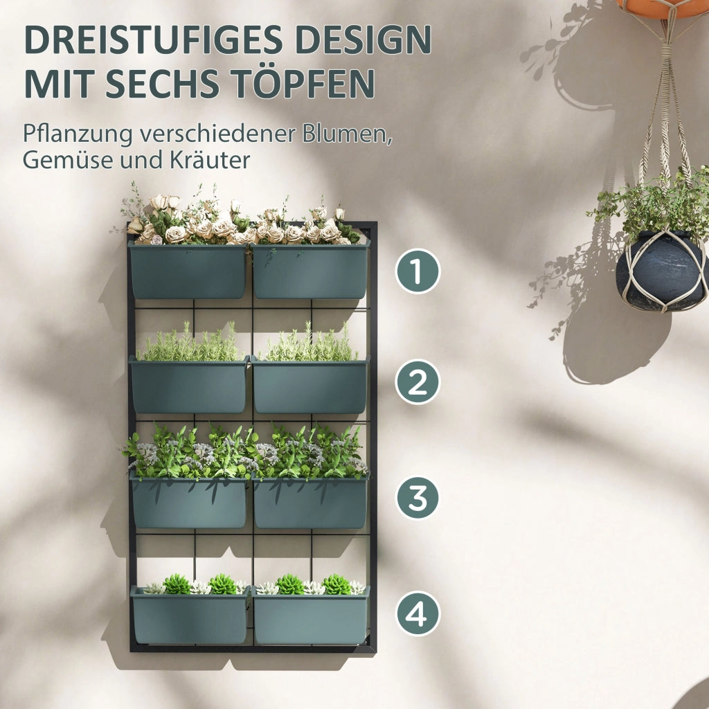 Fioriera da parete a quattro livelli con 8 vasi e fori di drenaggio per balcone terrazza e giardino 52.5 × 14 × 90 cm