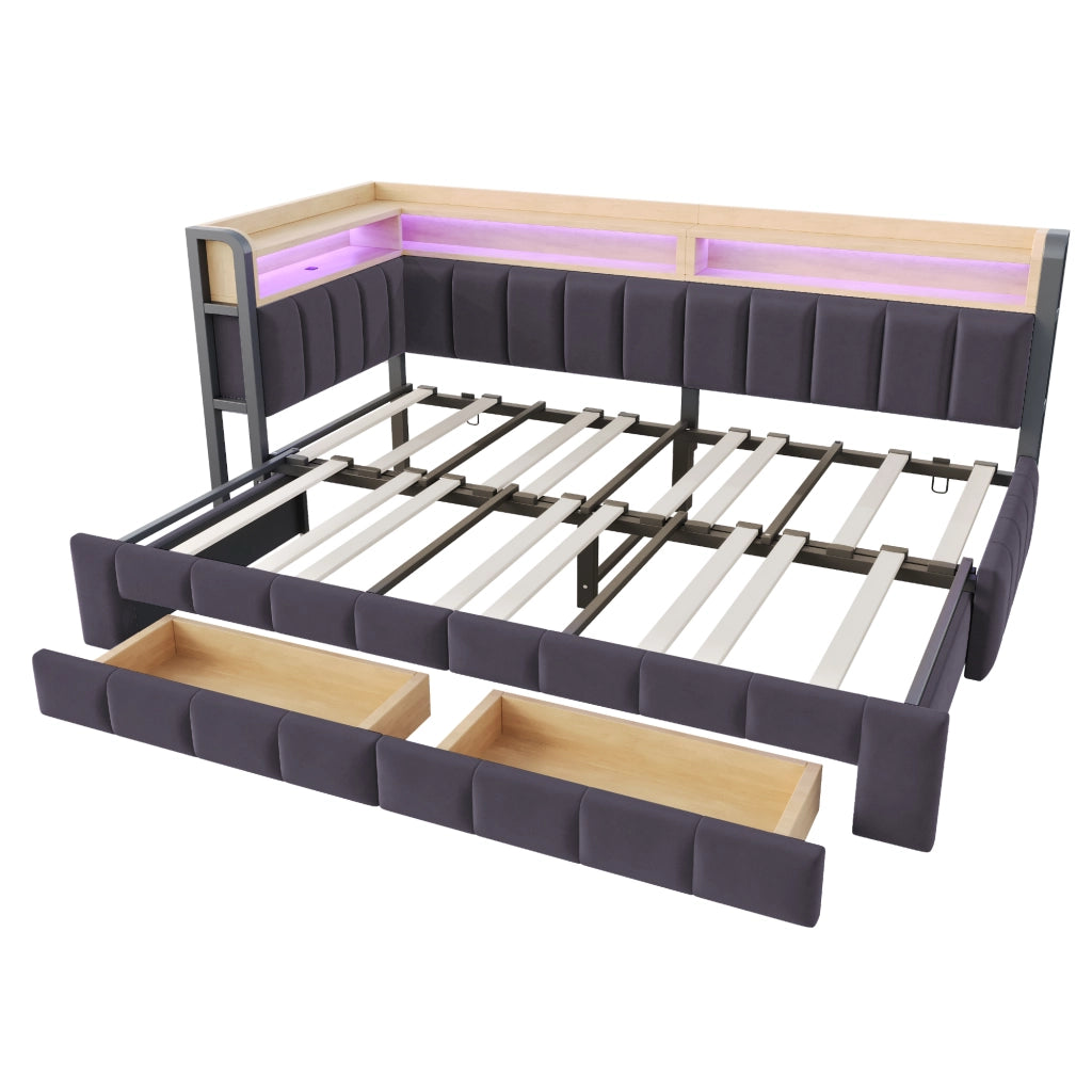 Letto estraibile 2 posti con 2 cassetti; LED regolabile; USB; Type-C e vani 90 × 200/180 × 200 cm