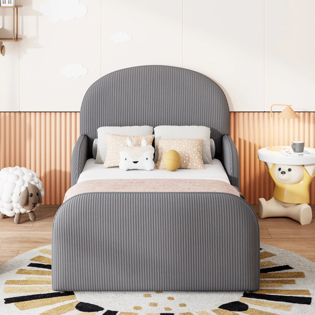 Letto Singolo Imbottito 90x200 cm con Contenitore Idraulico; Testiera Alta e Sponde di Sicurezza; Struttura in Velluto Grigio per Cameretta