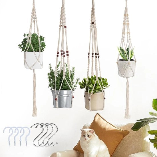Set di 4 Corda Macramè per Piante in Cotone Resistenti, Fai da Te, Ecologici, Ideali per Balcone e Salotto