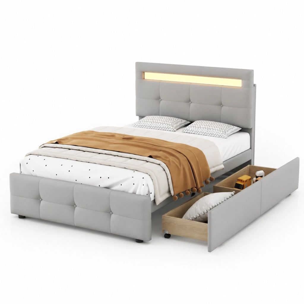 Letto imbottito 90x200 cm con LED e 2 cassetti; grigio