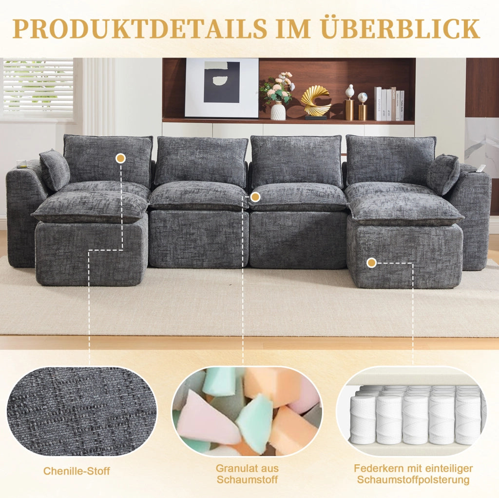 Divano modulare 4 posti in tessuto chenille grigio con schiuma e molle, 2 pouf, cuscini, portabicchieri e 2 tasche laterali