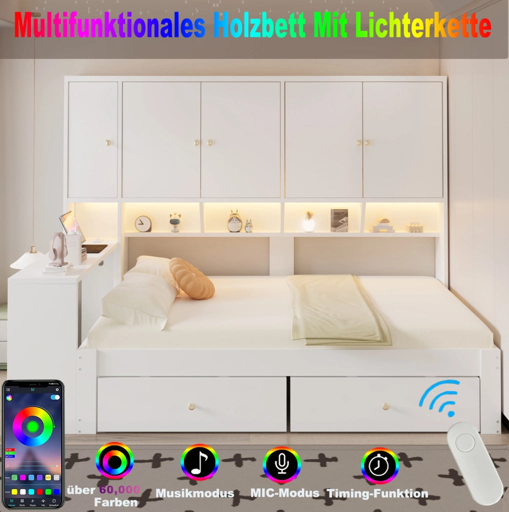LETTO Multifunzionale 90x200 cm con Scrivania, LED e Prese Bianco
