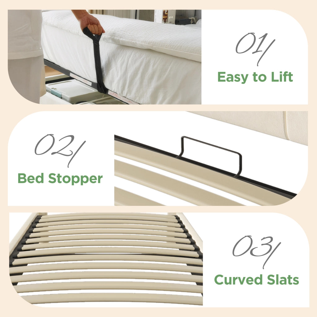 Letto singolo con contenitore 90 × 200 cm testiera regolabile LED USB e Type-C in velluto beige con rete