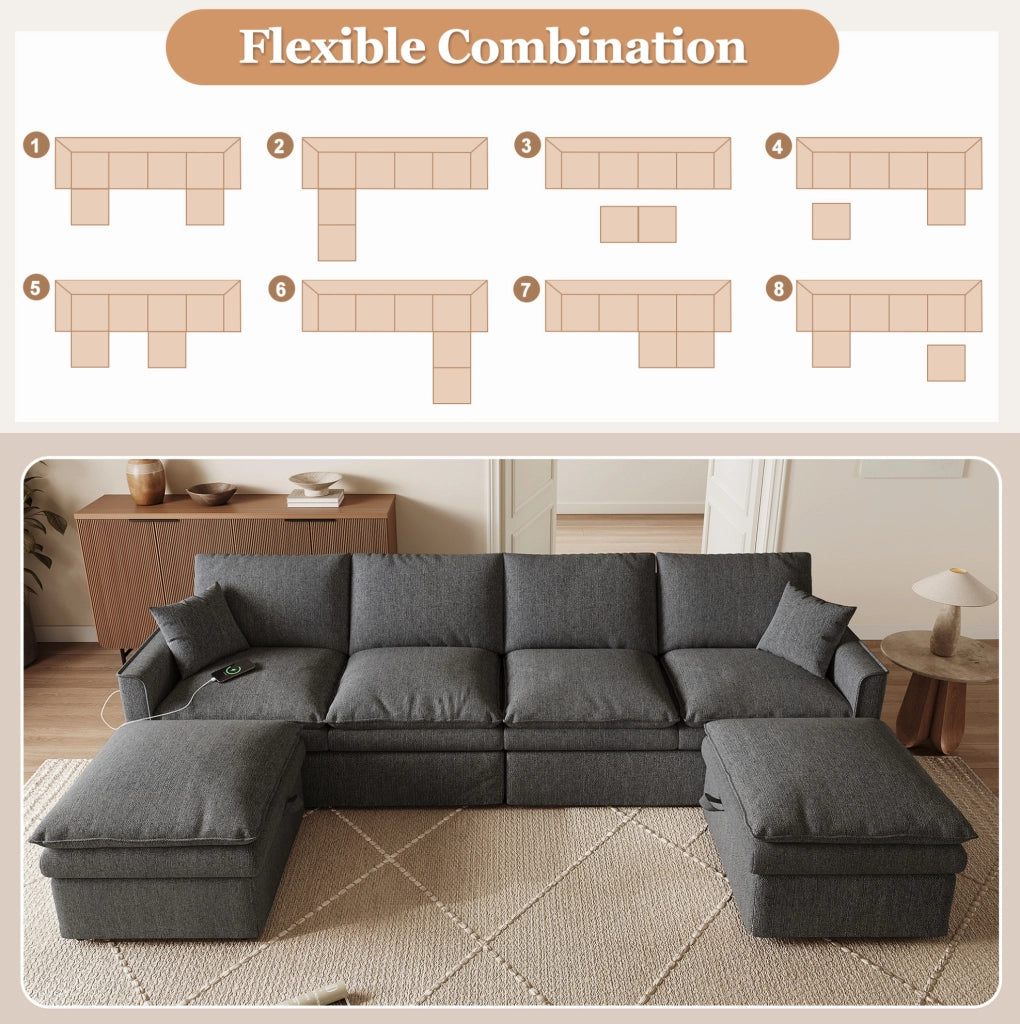 Divano angolare modulare a U/L da 6 posti con due pouf mobili contenitore, tessuto cotone-lino grigio, 277×80×135 cm