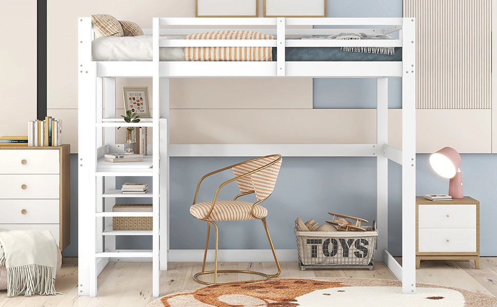 Letto a soppalco per bambini con contenitore, in pino massello, con 4 ripiani e piano scrivania, bianco, 140 x 200 cm