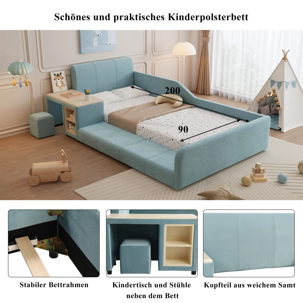 Letto singolo 90 × 200 cm con scrivania e sgabello vano laterale testiera imbottita in velluto blu doghe in legno
