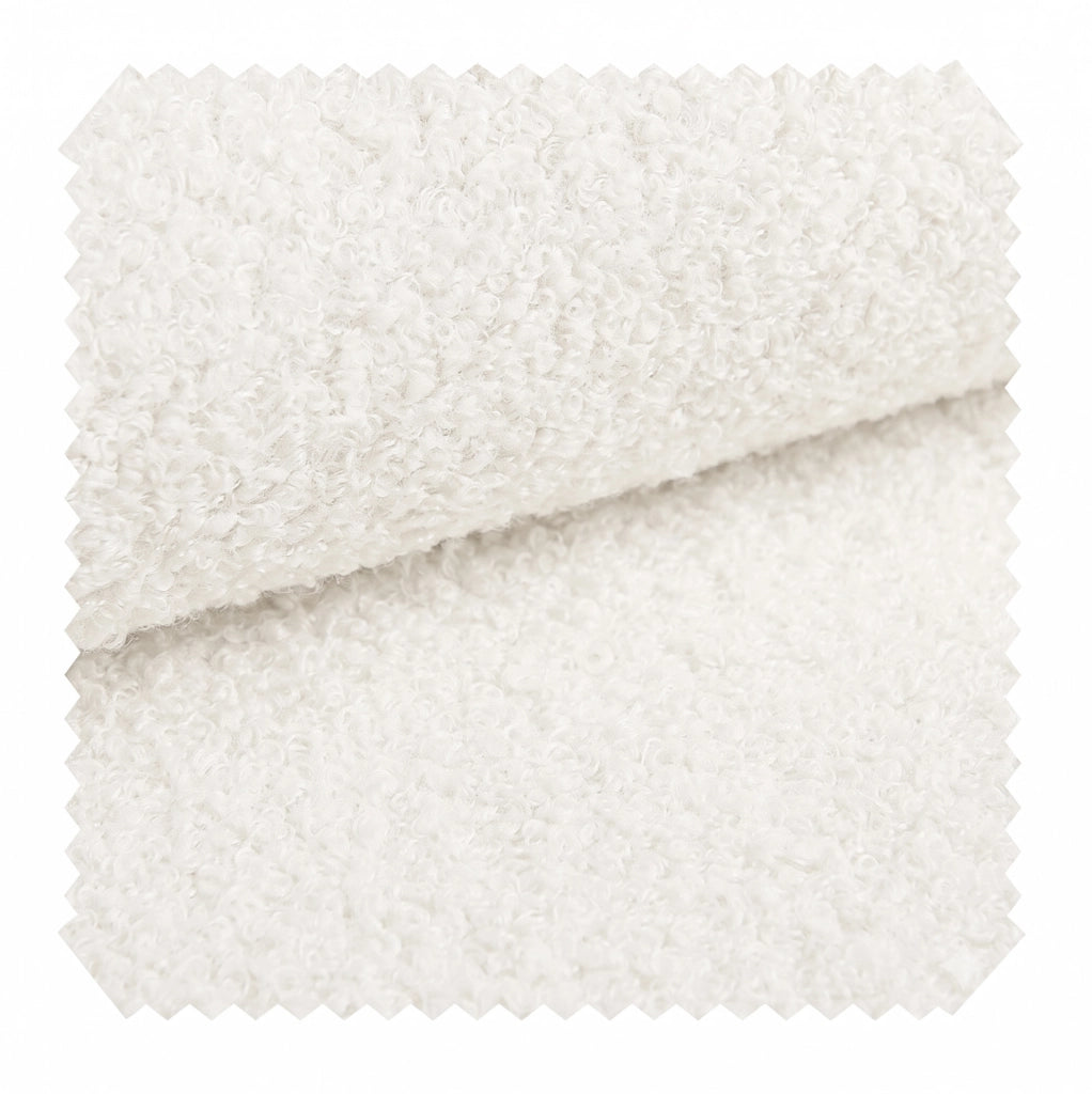 Panca contenitore con chiusura soft, 166x47x61 cm, rivestimento in tessuto bouclé bianco, gambe a U in legno massello di gomma, carico max 150 kg