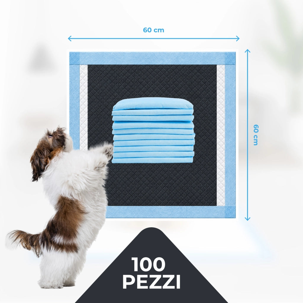 100 Pezzi Tappetini Assorbenti per Cani 60x60 cm con Carboni Attivi,Ultra Assorbenti Multistrato, Anti Odore, Fondo Impermeabile e Adesivi Antiscivolo, Traverse Igieniche per Cuccioli e Animali Domestici