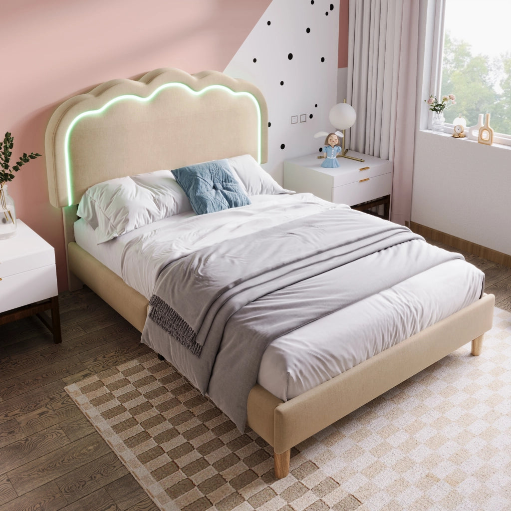 Letto singolo imbottito 90x200 cm con LED; testiera regolabile e rete a doghe; lino beige