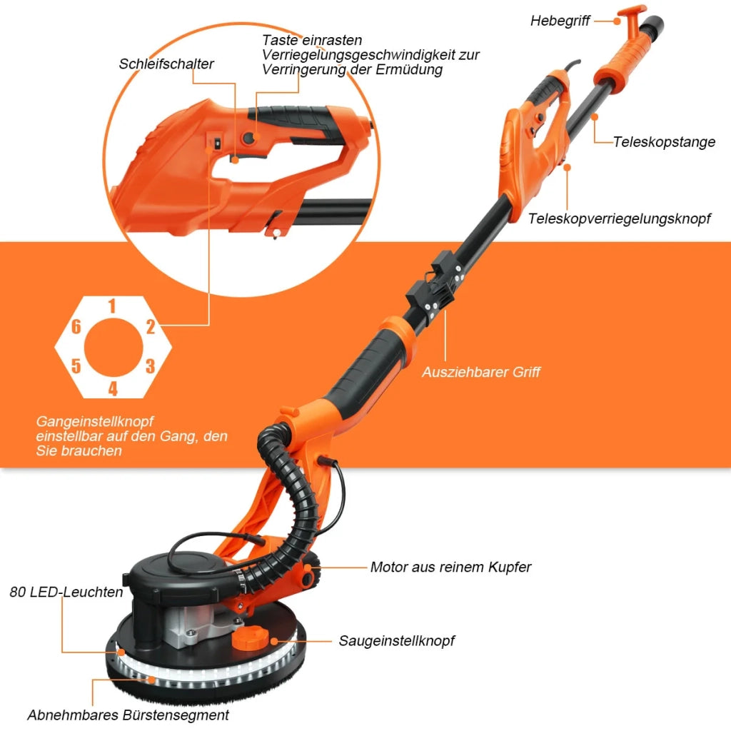 Per fai da te, levigatrice elettrica per cartongesso 750 W con aspiratore, LED, manico telescopico e 12 dischi abrasivi