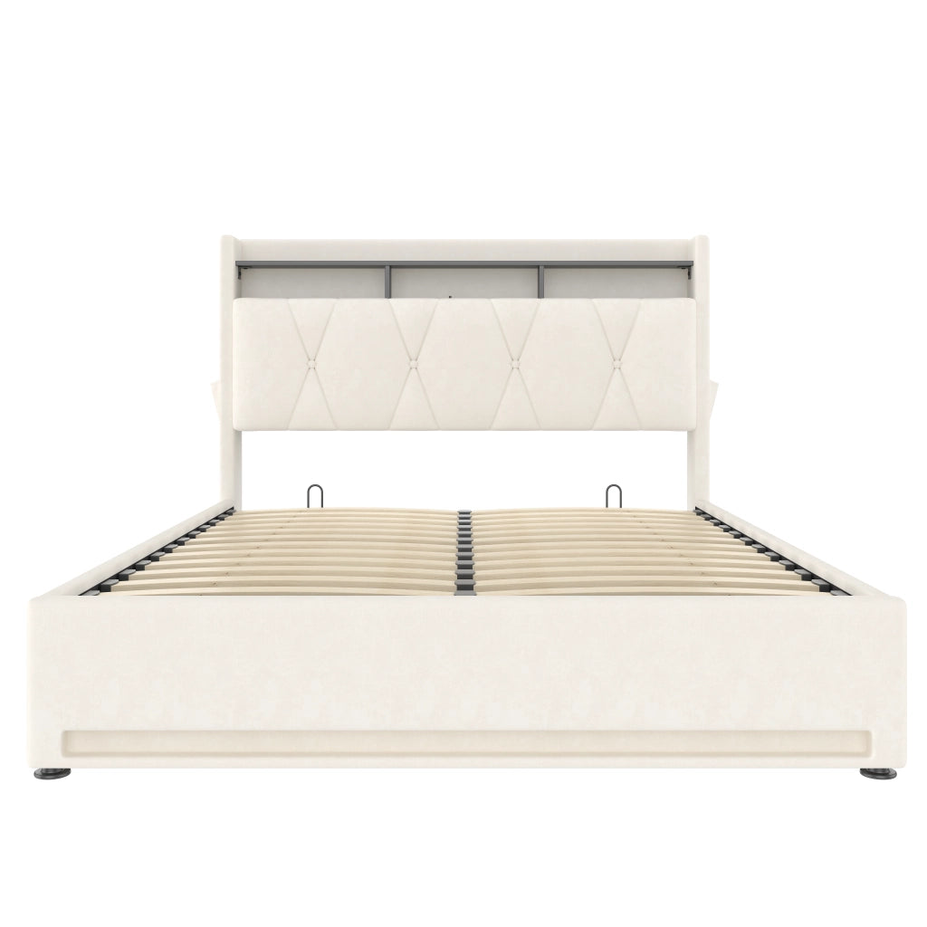 Letto matrimoniale 160x200 imbottito in velluto beige con testiera contenitore e luci LED