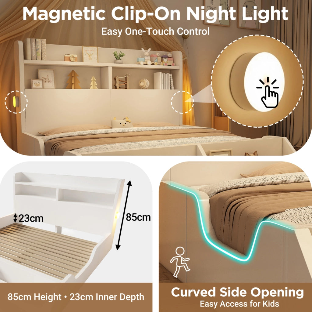 Letto in legno bianco 140x200 cm con contenitori, luci notturne e scaffale libreria removibile