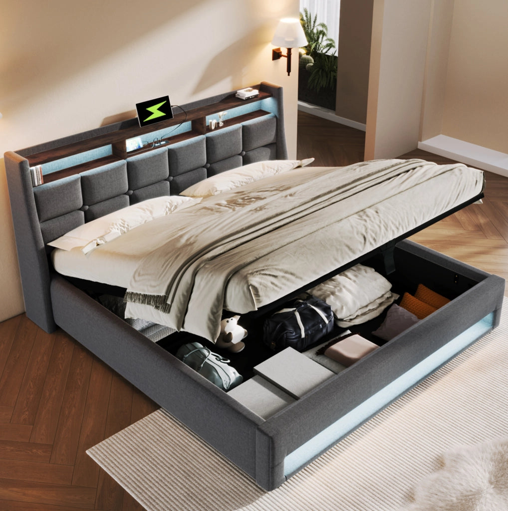 Letto imbottito 140x200 cm con contenitore, LED e USB in lino grigio