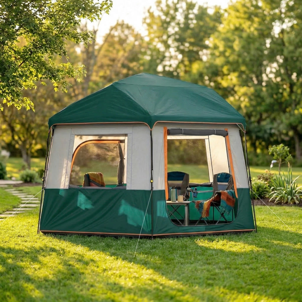 Tenda da campeggio per 4-6 persone verde impermeabile 3000 mm con protezione UV30+ e telo superiore rimovibile 350x350x205 cm